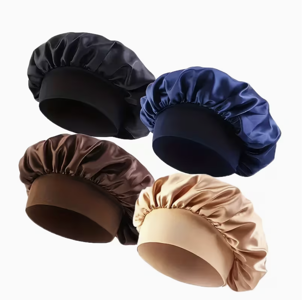 Soft & Cozy Satin Knit Beanie Cap for Sleeping – Elastic Wide Fit Night Cap for Hair Protection & Scalp Care, Lightweight & Breathable, One Size Fits All (Navy Blue, Black, Dark Brown, Light Brown)